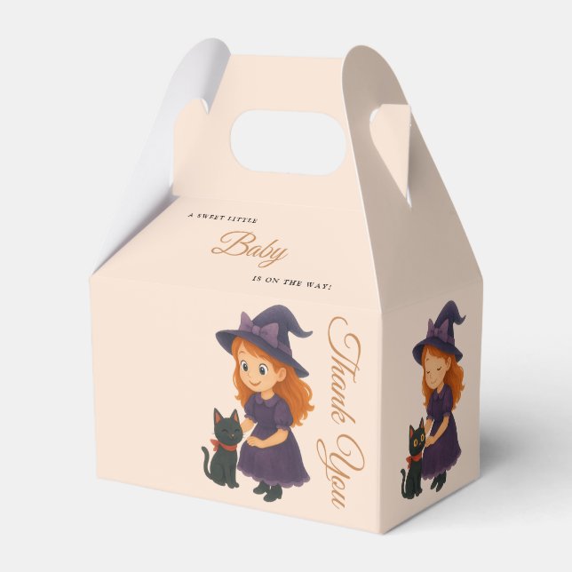 Little Witch & Cat | Halloween Girl Baby Shower Favor Boxes (Front Side)