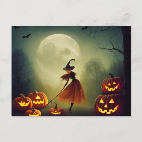 Little witch dances between Halloween pumpkins Postcard