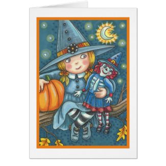 LITTLE WITCH & DOLL HALLOWEEN GREETING CARD Blank