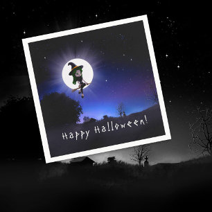 Little Witch Full Moon Night Happy Halloween Party Napkins