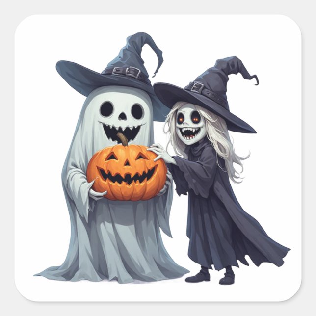 Little Witch Ghost Jack O Lantern 👻 Square Sticker (Front)