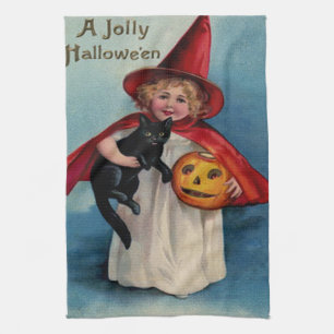 Little Witch Girl With Her Black Cat Towel