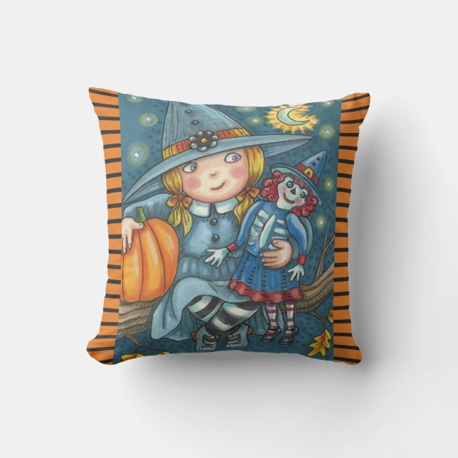 LITTLE WITCH, GOTH RAG DOLL HALLOWEEN THROW PILLOW (Front)