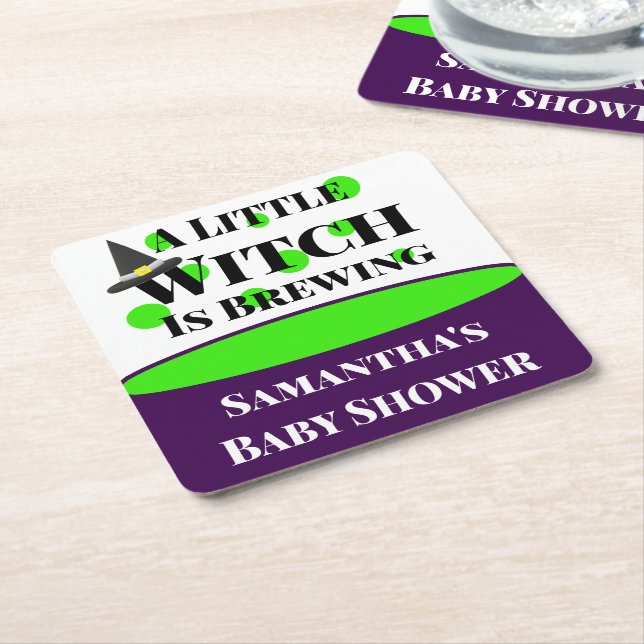 Little Witch is Brewing Halloween Baby Shower Square Paper Coaster (Angled)