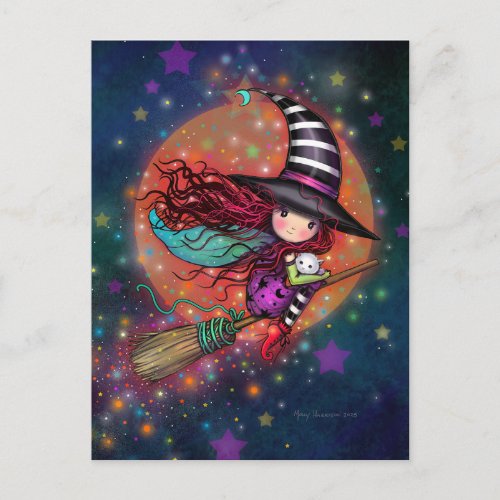 Little Witch on Broom with Her Cat Postcard