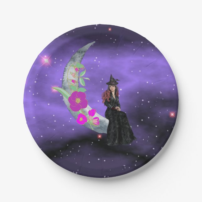 Little Witch on Crescent Moon with Flowers Paper Plates (Front)