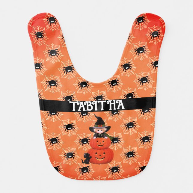 Little Witch Pumpkins Add Name Halloween 2 Sides Baby Bib (Front)