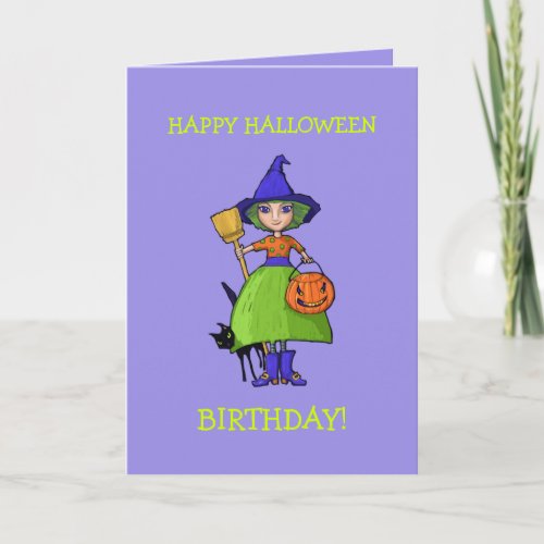 Little Witch purple Halloween Birthday Card
