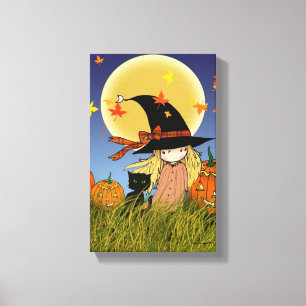 Little Witch with Black Cat Halloween Canvas Print