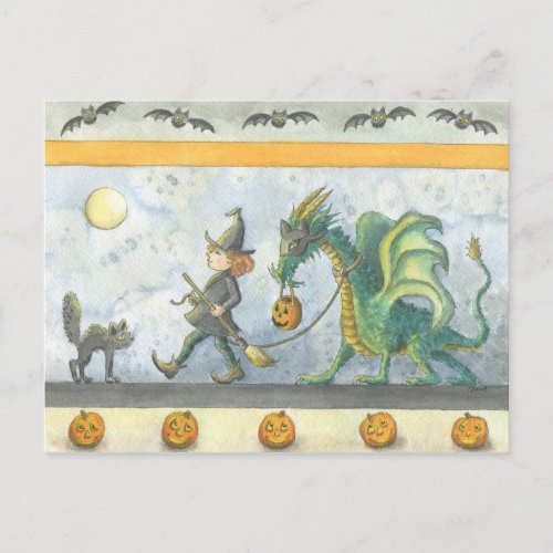 Little Witchs Halloween Dragon postcard Postcard