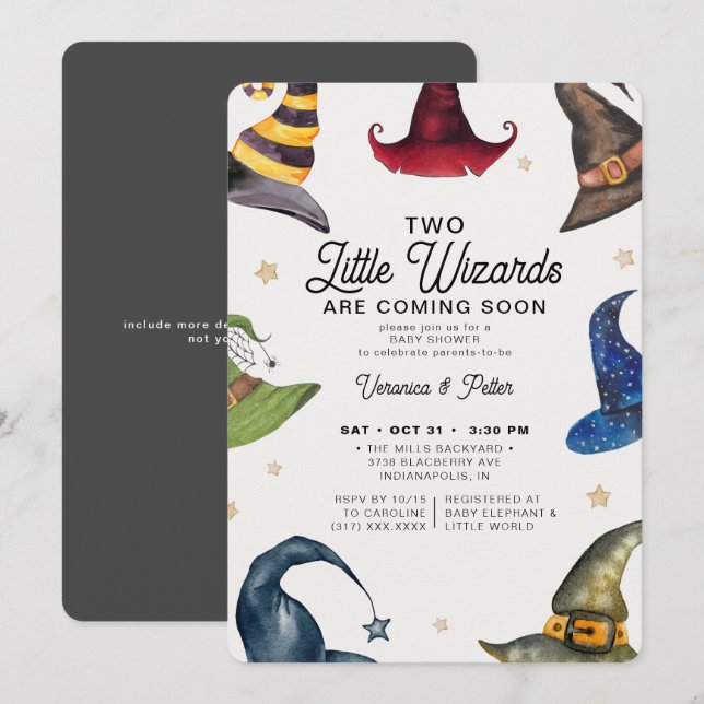 Little Wizards Twin Boy Gray Halloween Baby Shower Invitation (Front/Back)