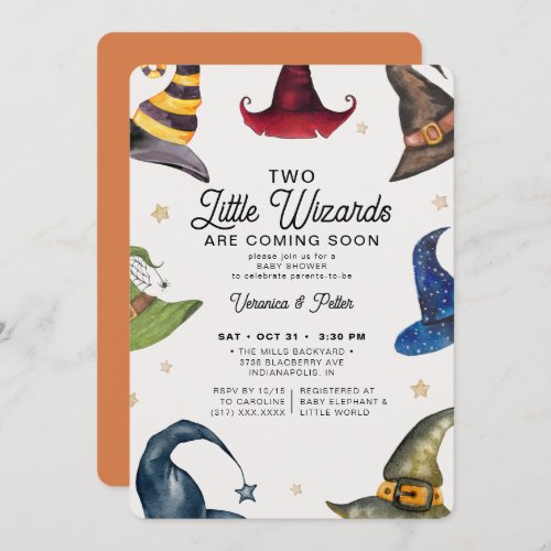 Little Wizards Twin Boy Halloween Baby Shower Invitation