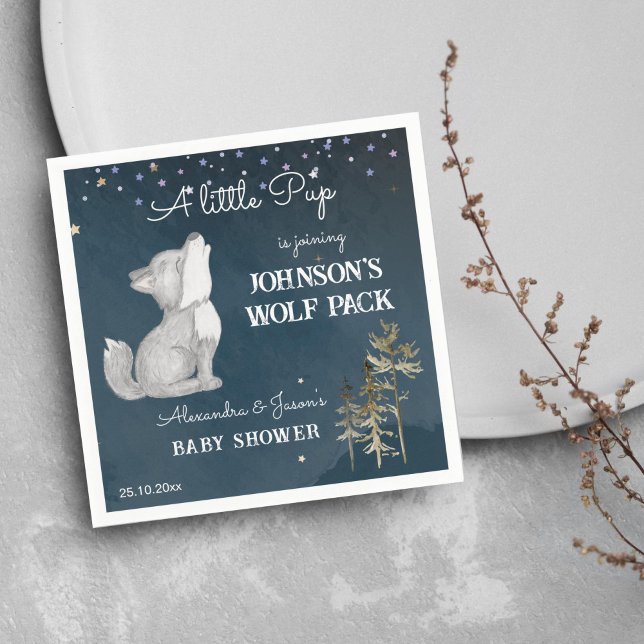 Little wolf themed baby shower tableware napkins (Little wolf themed baby shower tableware personalized napkins cute wolf cub howling starry night)