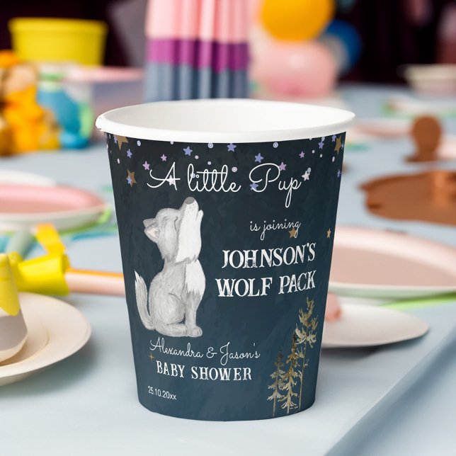 Little wolf themed baby shower tableware paper cups (Little wolf themed baby shower tableware personalized paper cups cute howling wolf cub starry night)