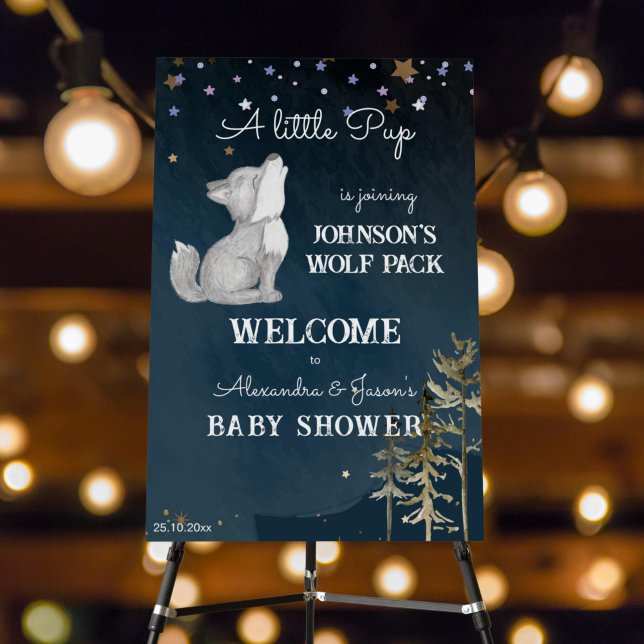 Little wolf themed baby shower welcome sign (Wolf themed baby shower welcome sign board a cute howling wolf cub starry night woodlands themed)