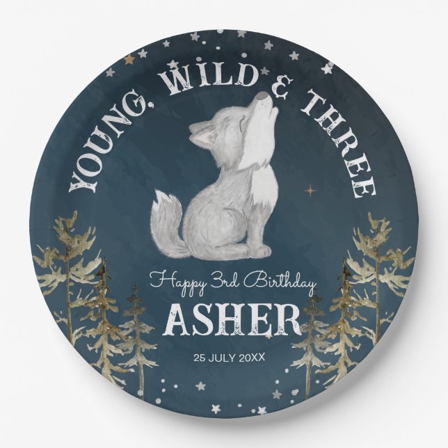 Little wolf themed birthday party monogrammed paper plates (Front)