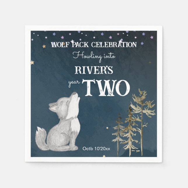 Little wolf themed birthday party printed napkins (Front)
