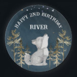 Little wolf themed birthday party printed paper plates<br><div class="desc">Little wolf themed birthday party monogram printed paper plates  template,  cute wolf pup dark starry night background personalized party decor table decor</div>
