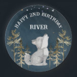 Little wolf themed birthday party printed paper plates<br><div class="desc">Little wolf themed birthday party monogram printed paper plates  template,  cute wolf pup dark starry night background personalized party decor table decor</div>