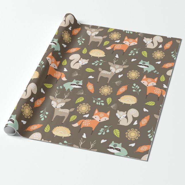 Little Woodland Animals on Brown Background Wrapping Paper (Unrolled)