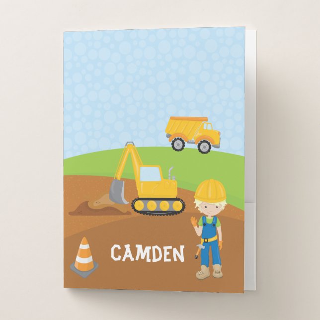 Little Worker Construction Boy Kid's Personalized Pocket Folder (Front)