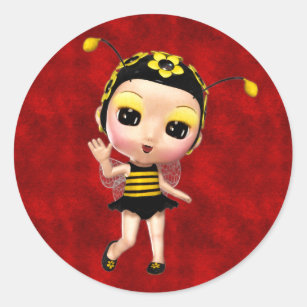 Little Yellow Bumblebee Fairy Doll on Red Velvet Classic Round Sticker