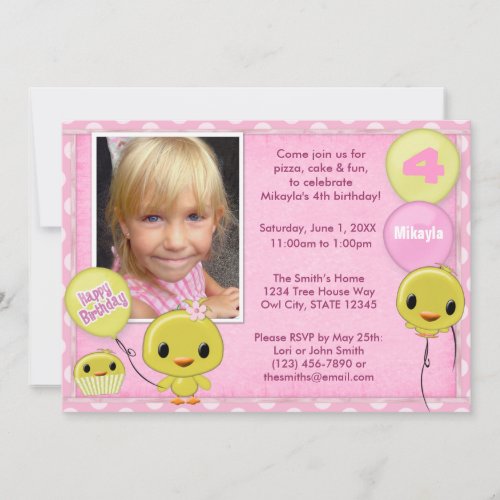 Little Yellow Chick Birthday Invitation pink