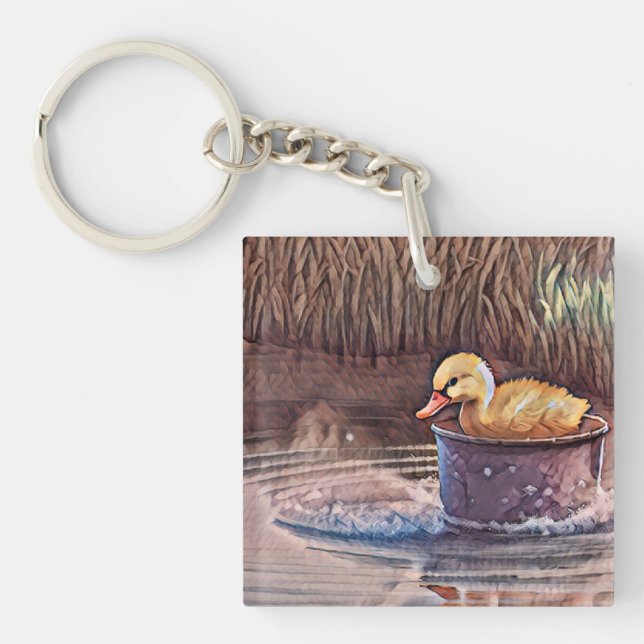 Little Yellow Duckling Playing In Bucket Keychain (Front)