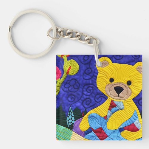 Little Yellow Teddy Bear Quilt Like Design Keychain