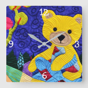 Little Yellow Teddy Bear Quilt Like Design Square Wall Clock