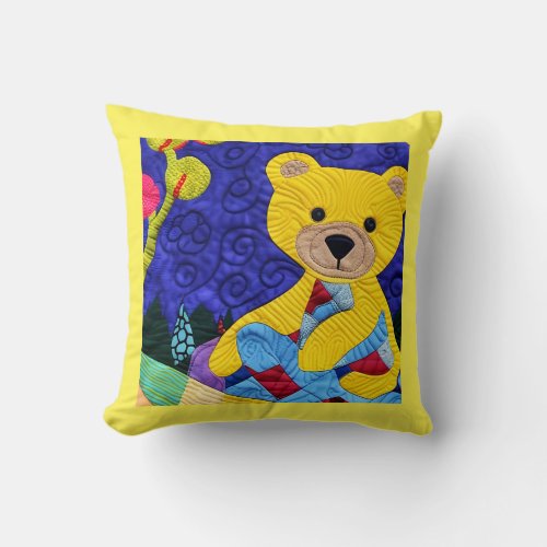 Little Yellow Teddy Bear Quilt Like Design Throw Pillow