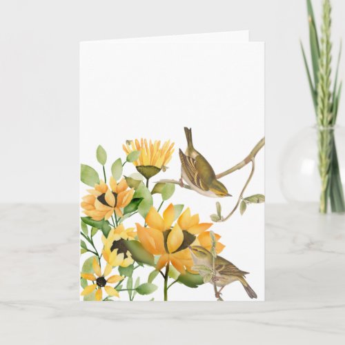 Little Yellow Wrens with Sunflower Stems Card