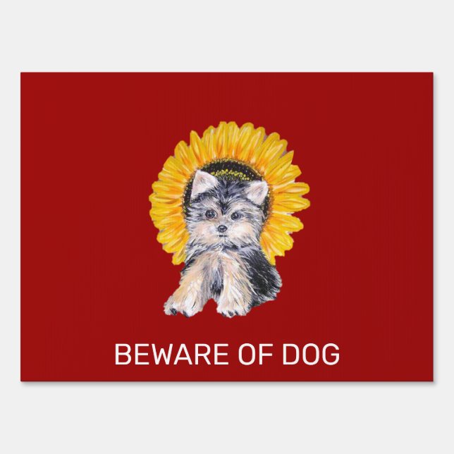 Little Yorkie Dog and Sunflower on Maroon Sign (Front)