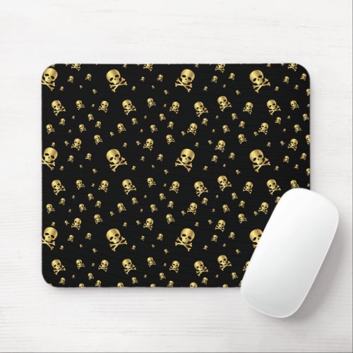 Littles Gold Pirates Skulls on Black Background Mouse Pad
