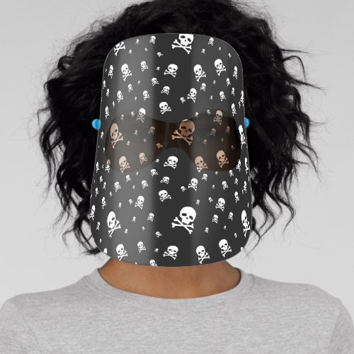 Littles White Pirates Skulls on Black Background Face Shield