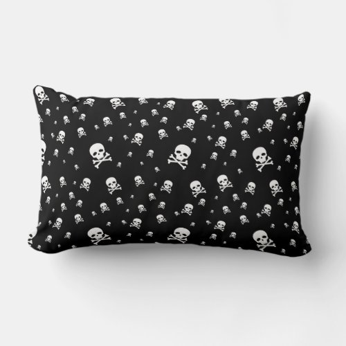 Littles White Pirates Skulls on Black Background Lumbar Pillow