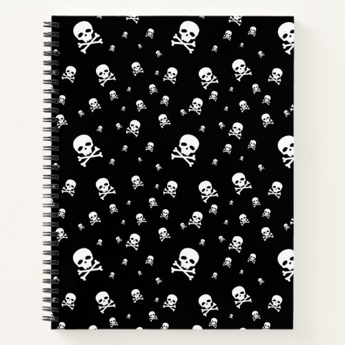 Littles White Pirates Skulls on Black Background Notebook