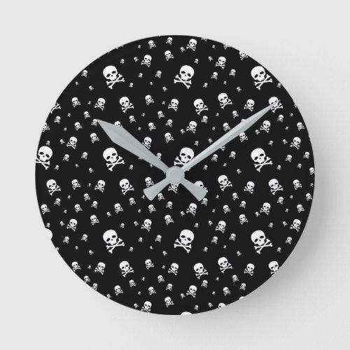Littles White Pirates Skulls on Black Background Round Clock
