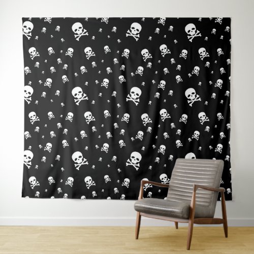 Littles White Pirates Skulls on Black Background Tapestry