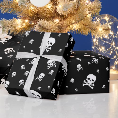 Littles White Pirates Skulls on Black Background Wrapping Paper