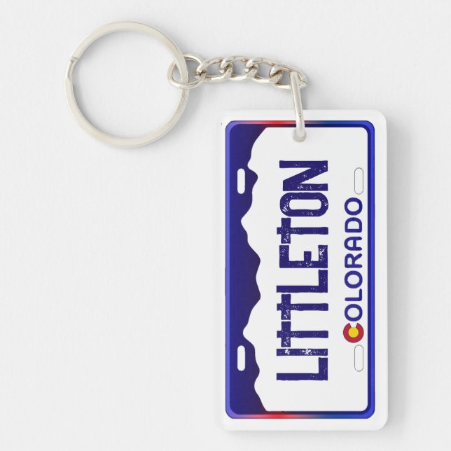 Littleton Colorado blue license plate keychain (Front)
