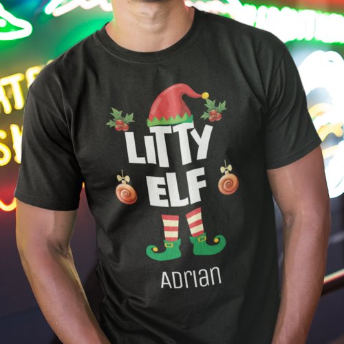 Litty elf funny Christmas family outfit name T_Shirt