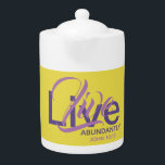 LIVE ABUNDANTLY Christian Scripture Yellow MEDIUM Teapot<br><div class="desc">Enjoy your hot drink a little bit more with an elegantly styled Scripture teapot, which includes the popular Scripture reference for 'Life more abundantly' and 'Abundant Life' from John 10:10. This is a great reminder when you're pausing for a cuppa. All text is fully customisable, so you can personalise with...</div>