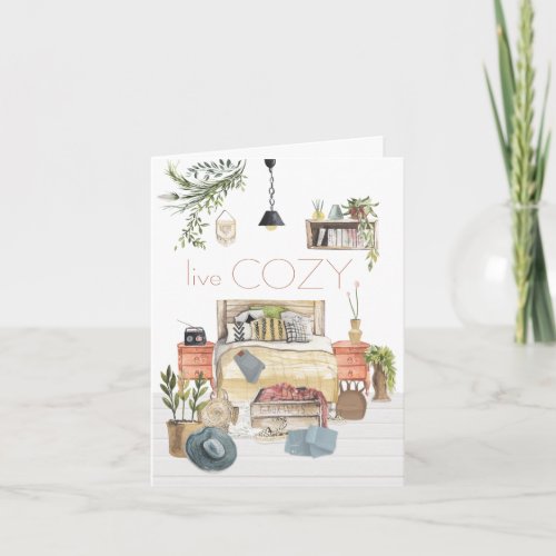 Live Cozy Hygge Homely Bedroom Scene White Card