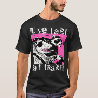 Live Fast Eat Trash  Funny Possum Racoon Retro Sun T-Shirt