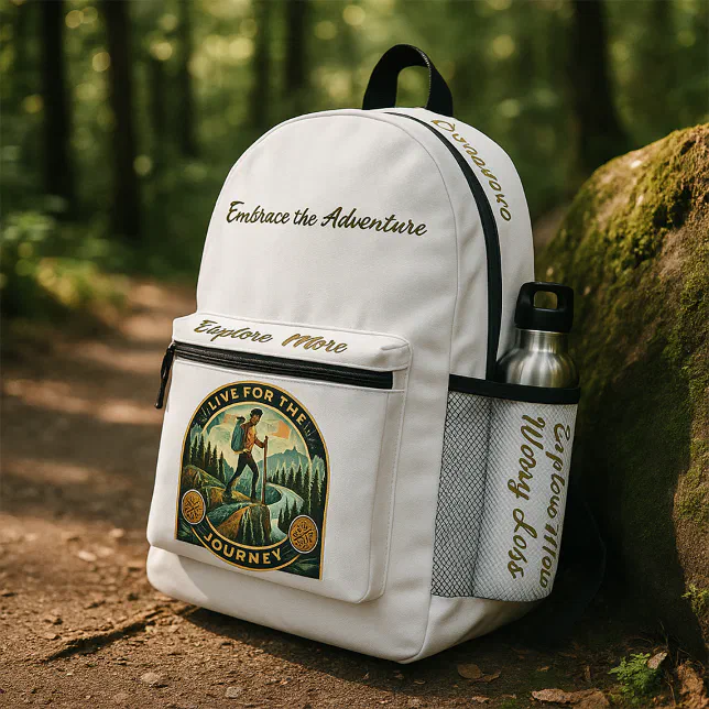 A backpack is pictured resting against a rock, with the forest trail and trees seen in the background. 