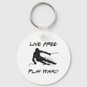 Live Free Play Hard Funny Skiing Lover Quote Skier Keychain