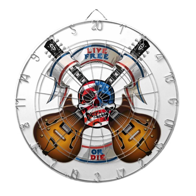 Live Free Skull and Guitars Dartboard With Darts (Front)