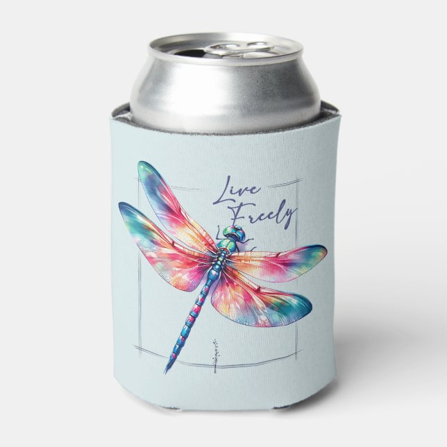 Live Freely - Artistic Dragonfly Can Cooler (Can Front)