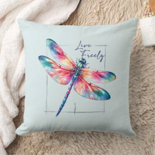 Live Freely - Dragonfly Colorful Inspirational Throw Pillow